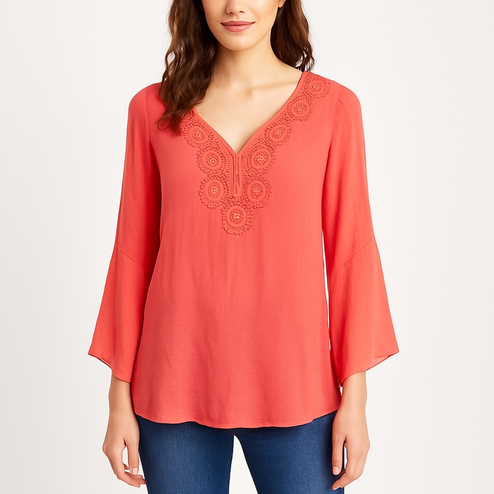 Zac & Rachel Coral Crochet Trim Tunic Blouse Women’s Small